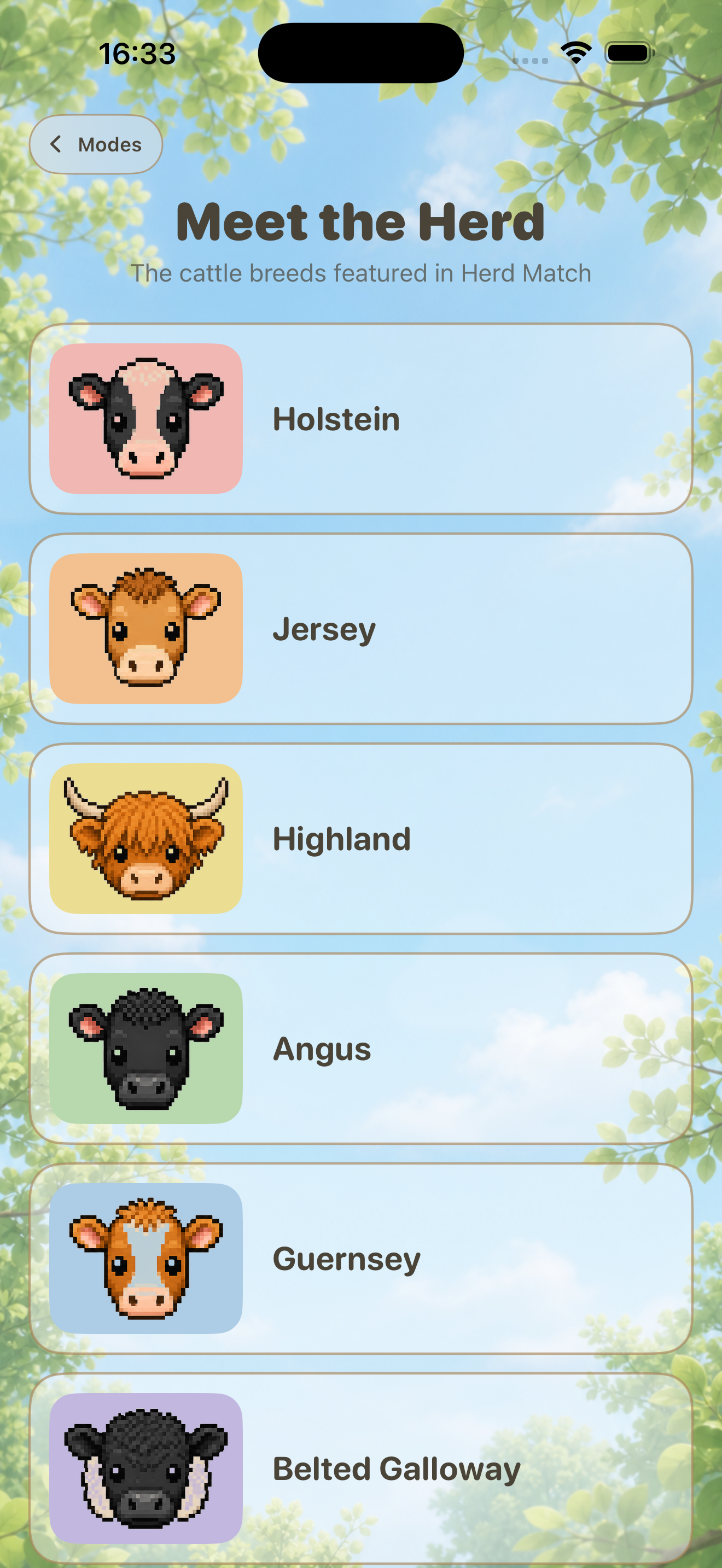 Meet the Herd screen showing six cattle breeds