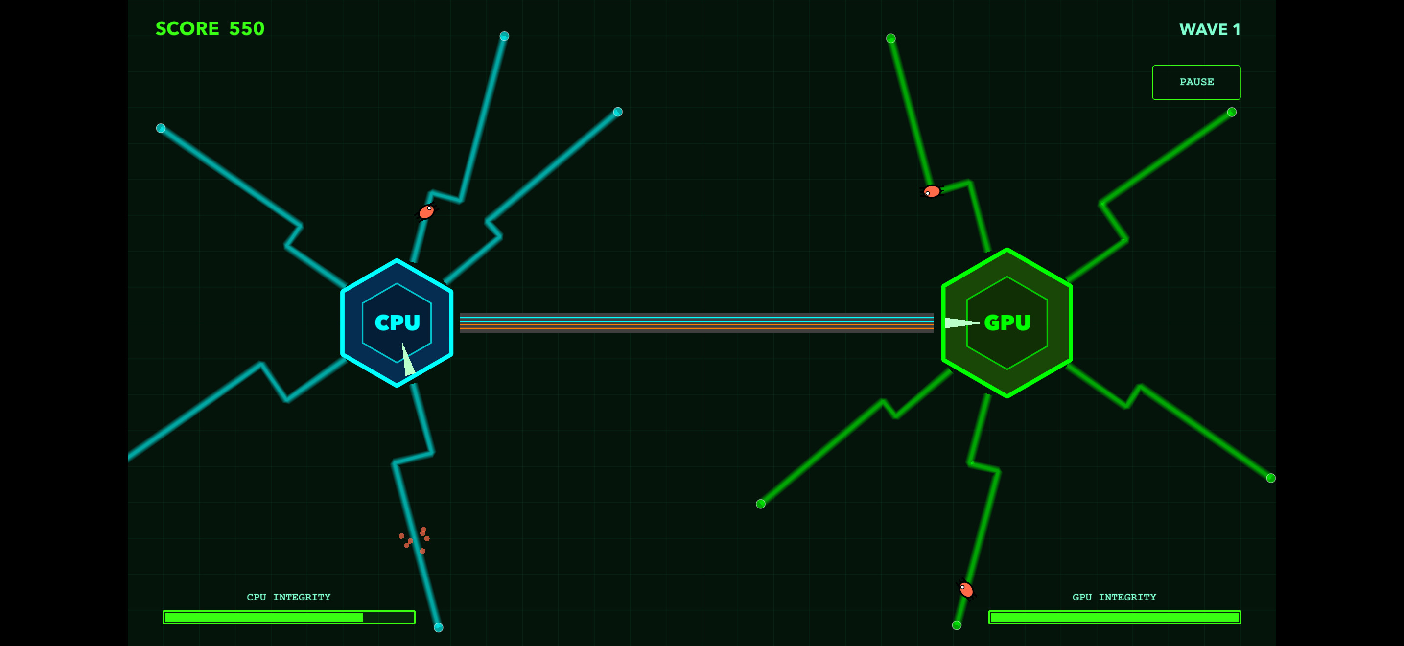 Pulse Guard data bus and processor defence gameplay